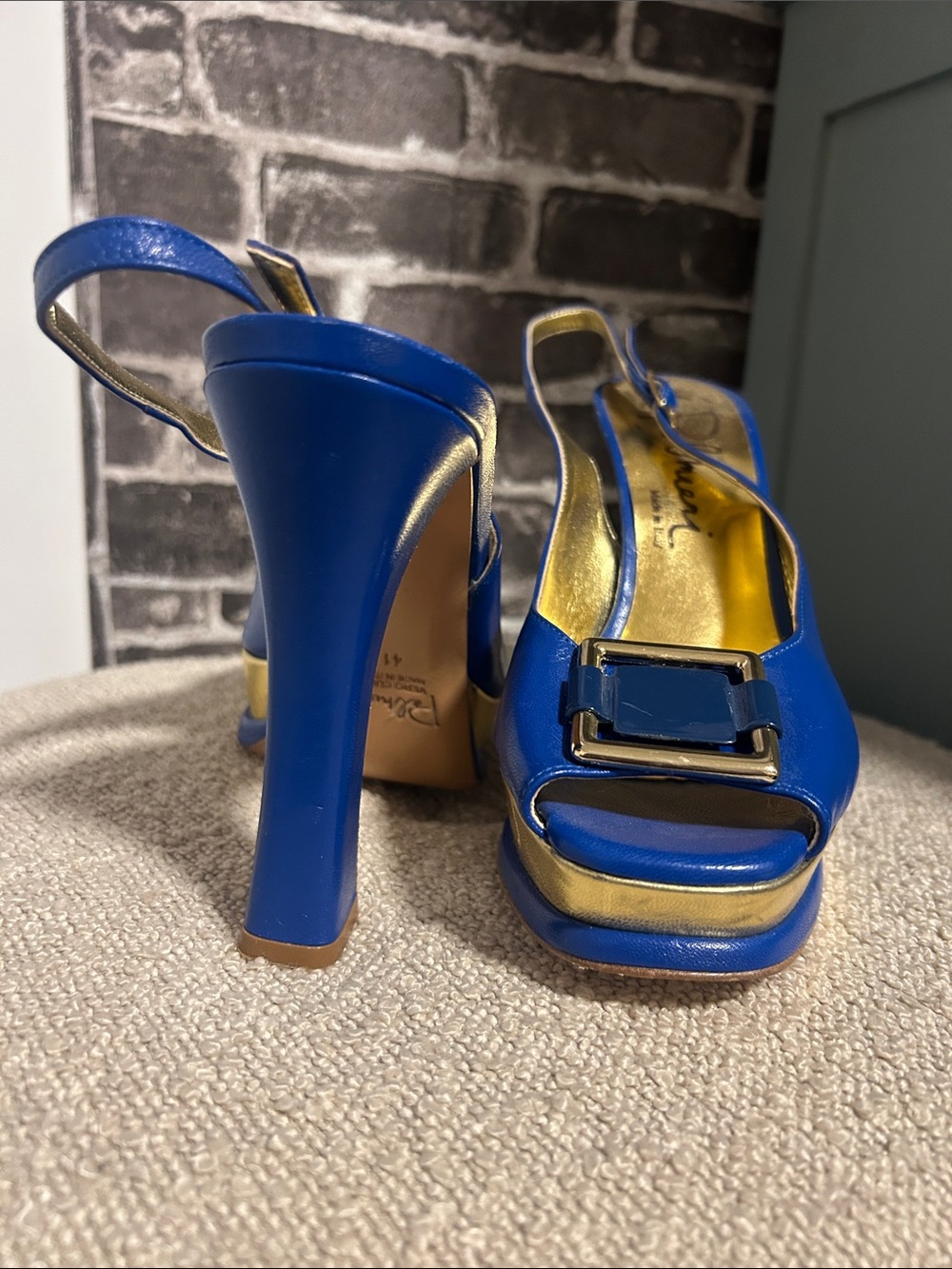 Pollini Blue and Gold High Heel Slingback Sandals